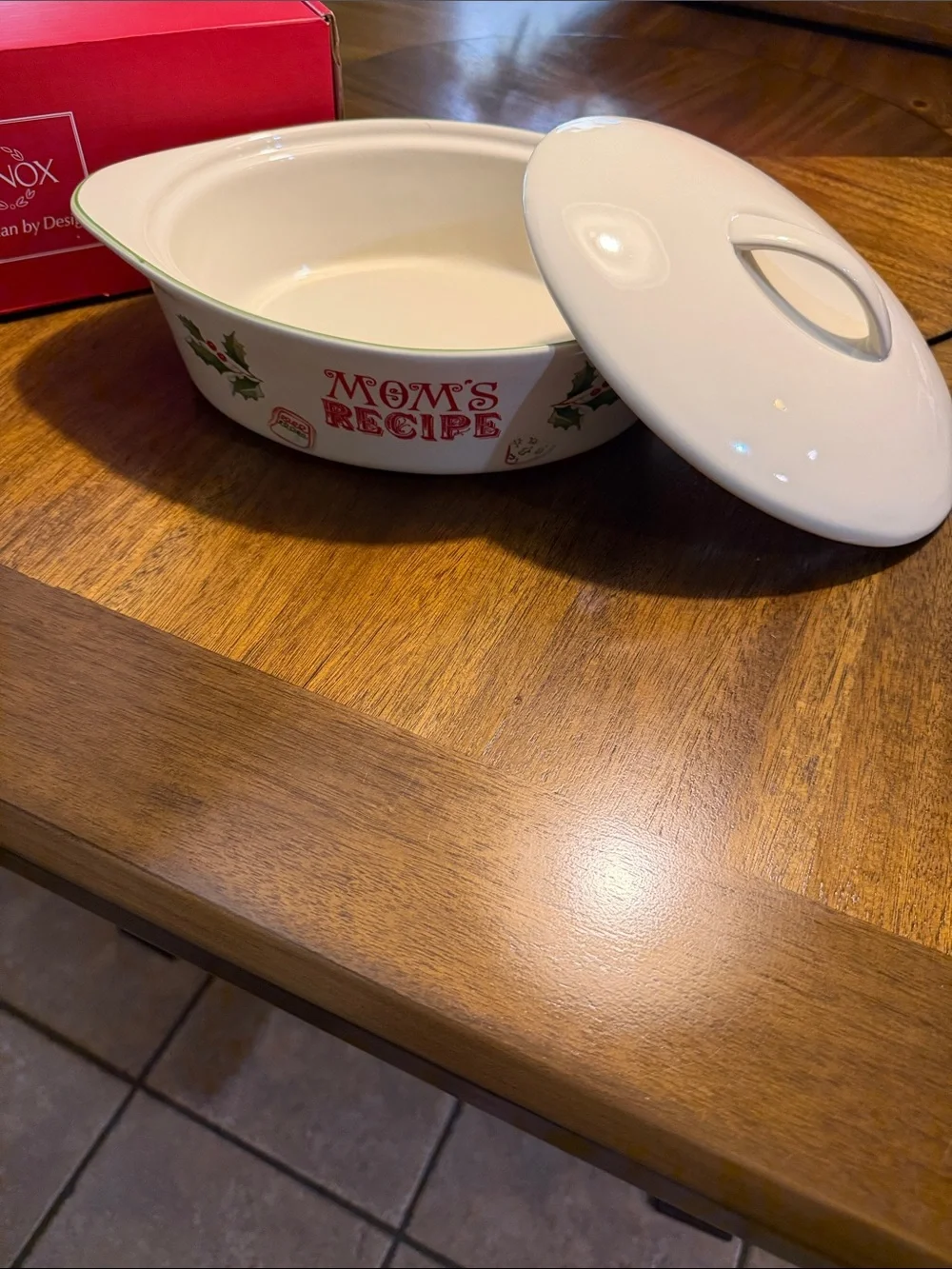 Lenox White Covered Casserole Dish with Red Lettering and Green Holly Accents